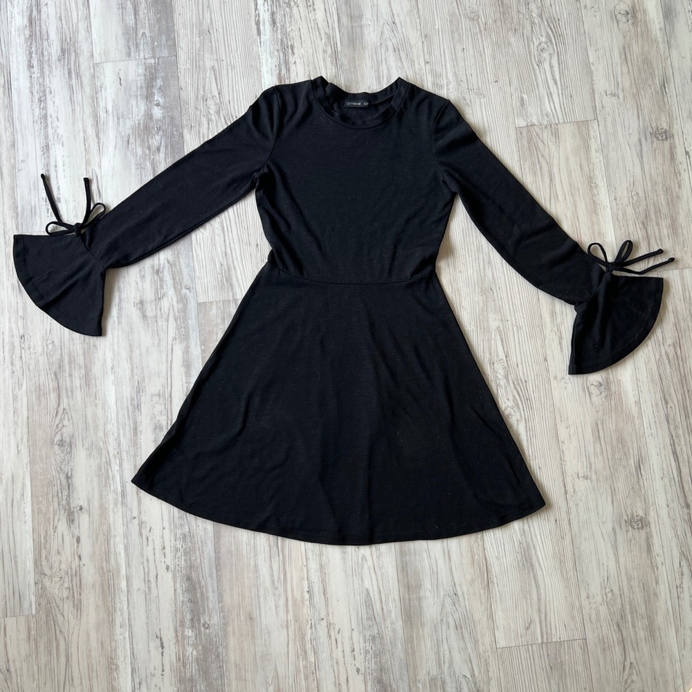 Cotton On Black Fit & Flare Mini Dress XS Bell Sleeve Tie Cuff‎ Goth Witchy XS